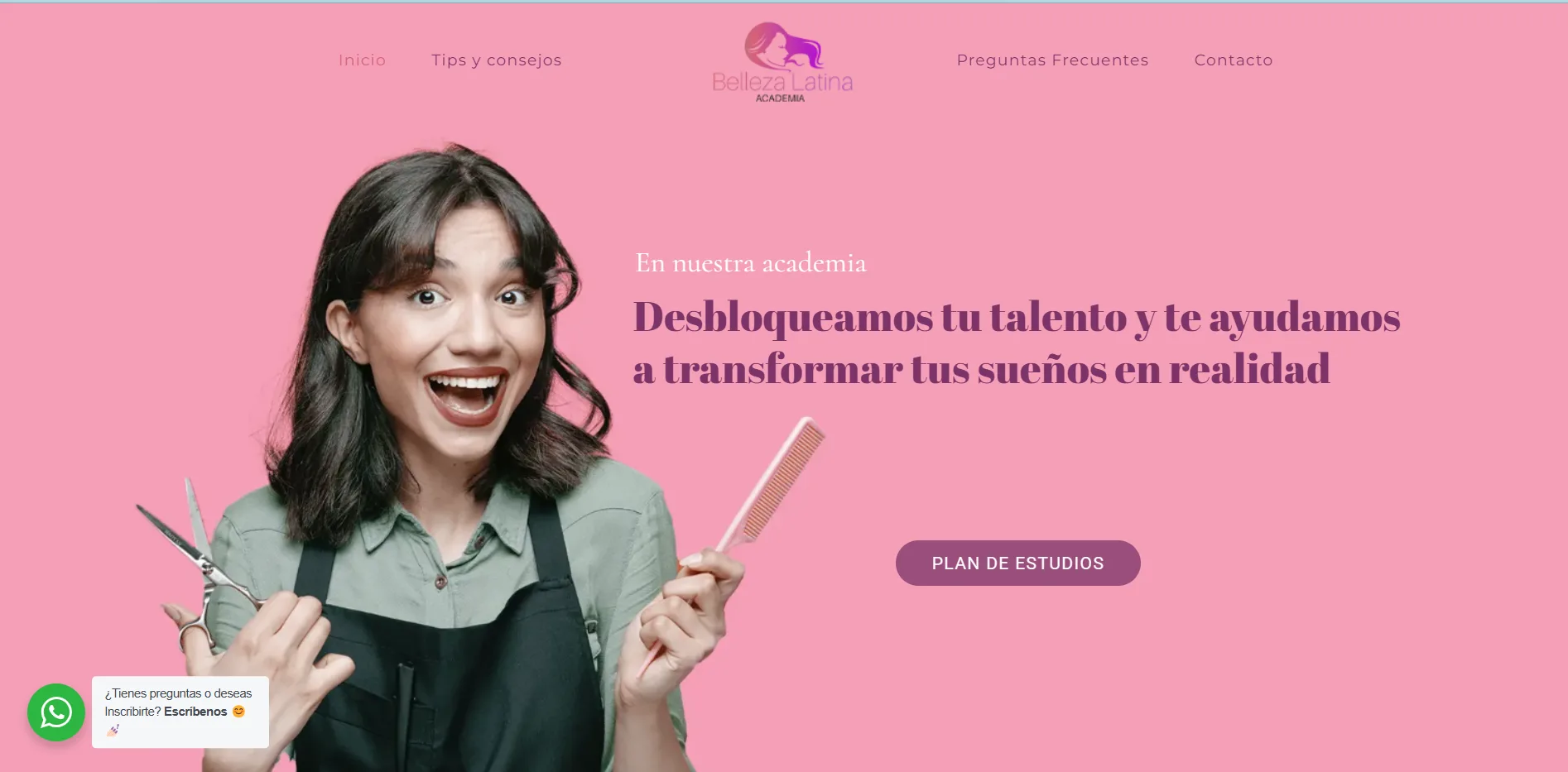 Página de inicio del sitio web de Academia Belleza Latina